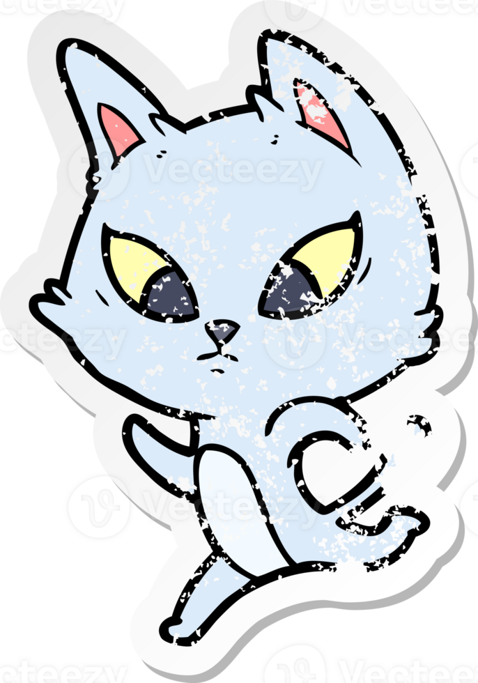 distressed sticker of a confused cartoon cat png
