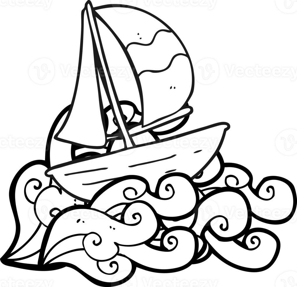 hand drawn black and white cartoon sail ship png