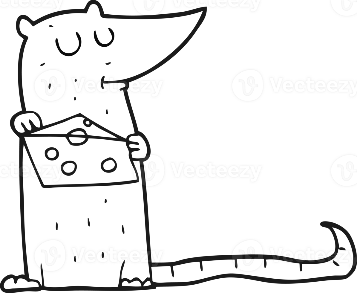 hand drawn black and white cartoon mouse with cheese png