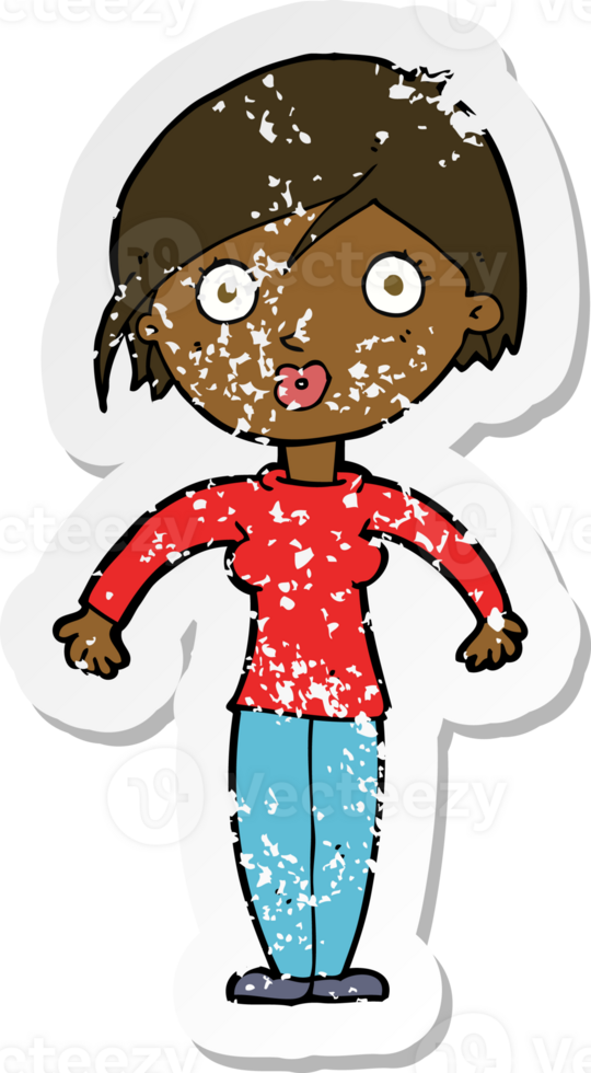 retro distressed sticker of a cartoon surprised woman png
