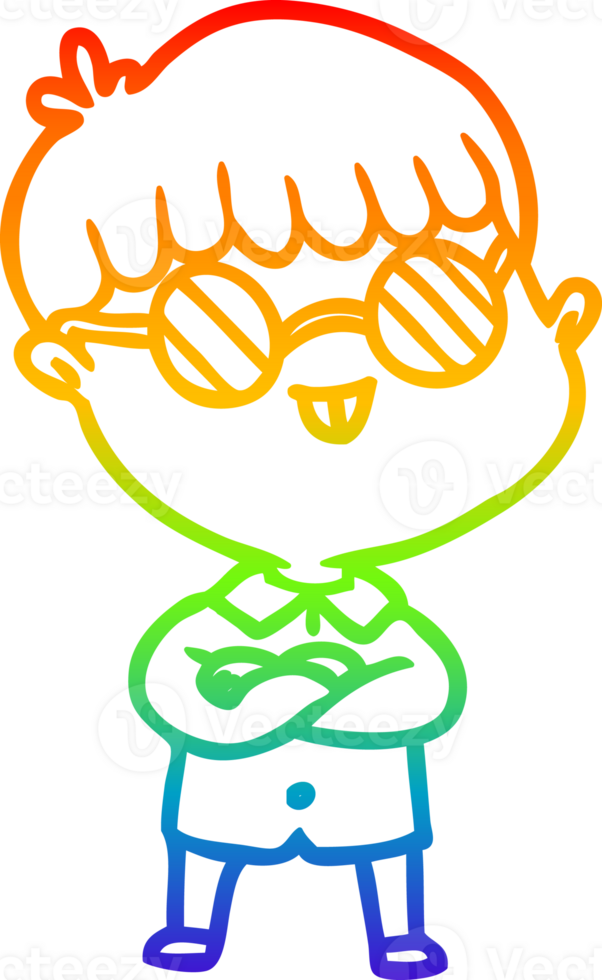 rainbow gradient line drawing of a cartoon boy wearing spectacles png