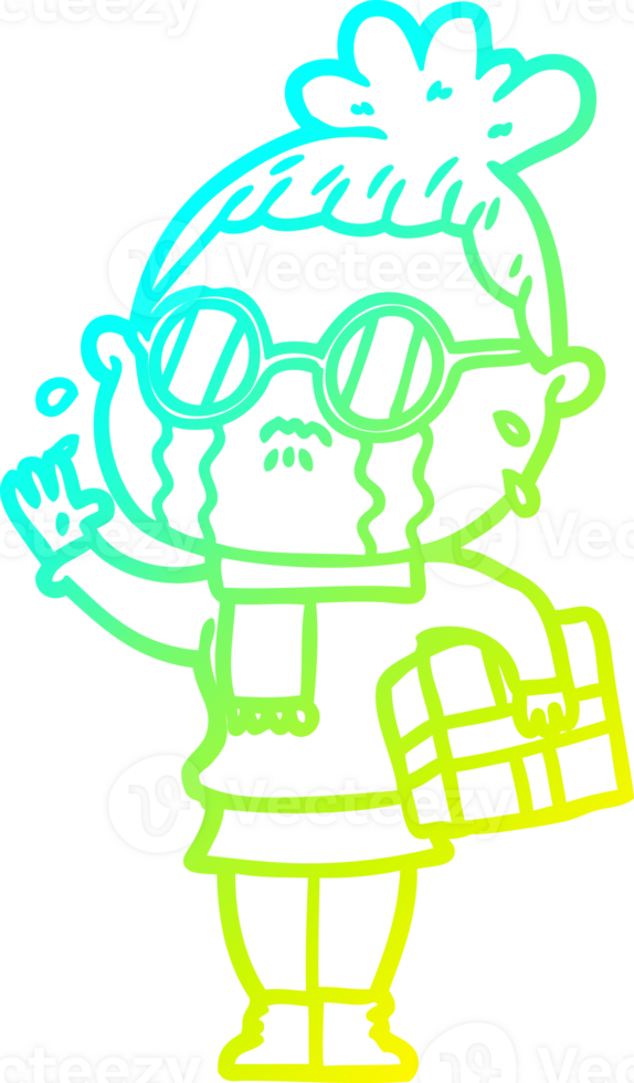 cold gradient line drawing of a cartoon crying woman wearing spectacles png