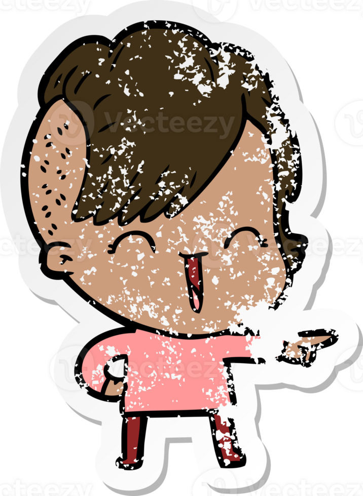 distressed sticker of a cartoon happy hipster girl png