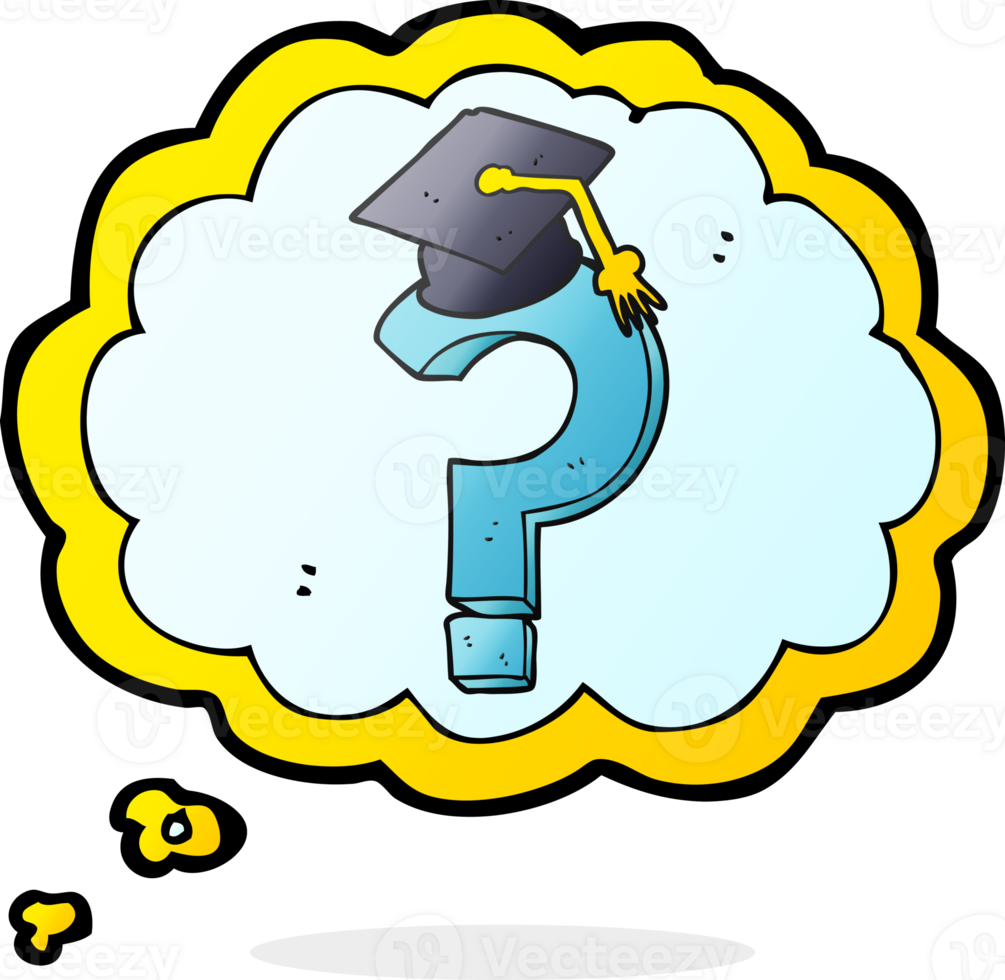 hand drawn thought bubble cartoon graduation cap on question mark png
