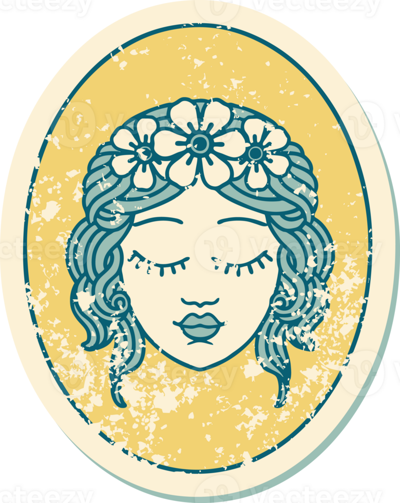 iconic distressed sticker tattoo style image of a maiden with eyes closed png