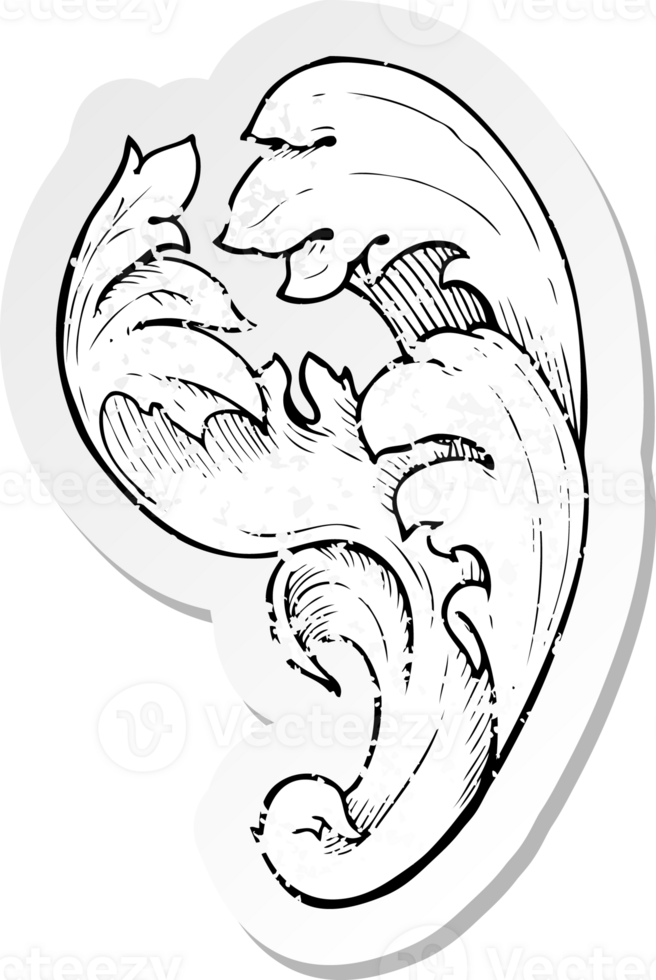 adesivo retrò invecchiato di un tradizionale vortice floreale disegnato a mano png