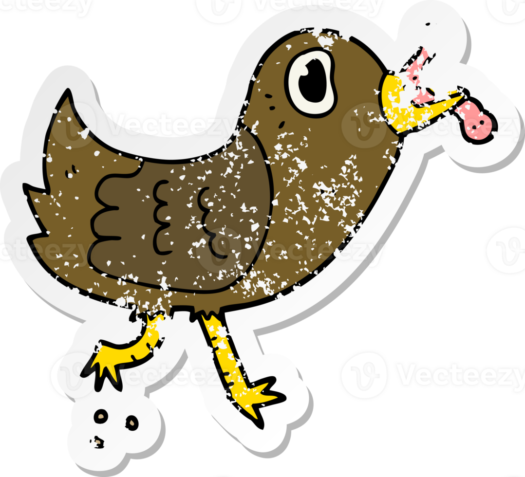 distressed sticker of a cartoon bird with worm png