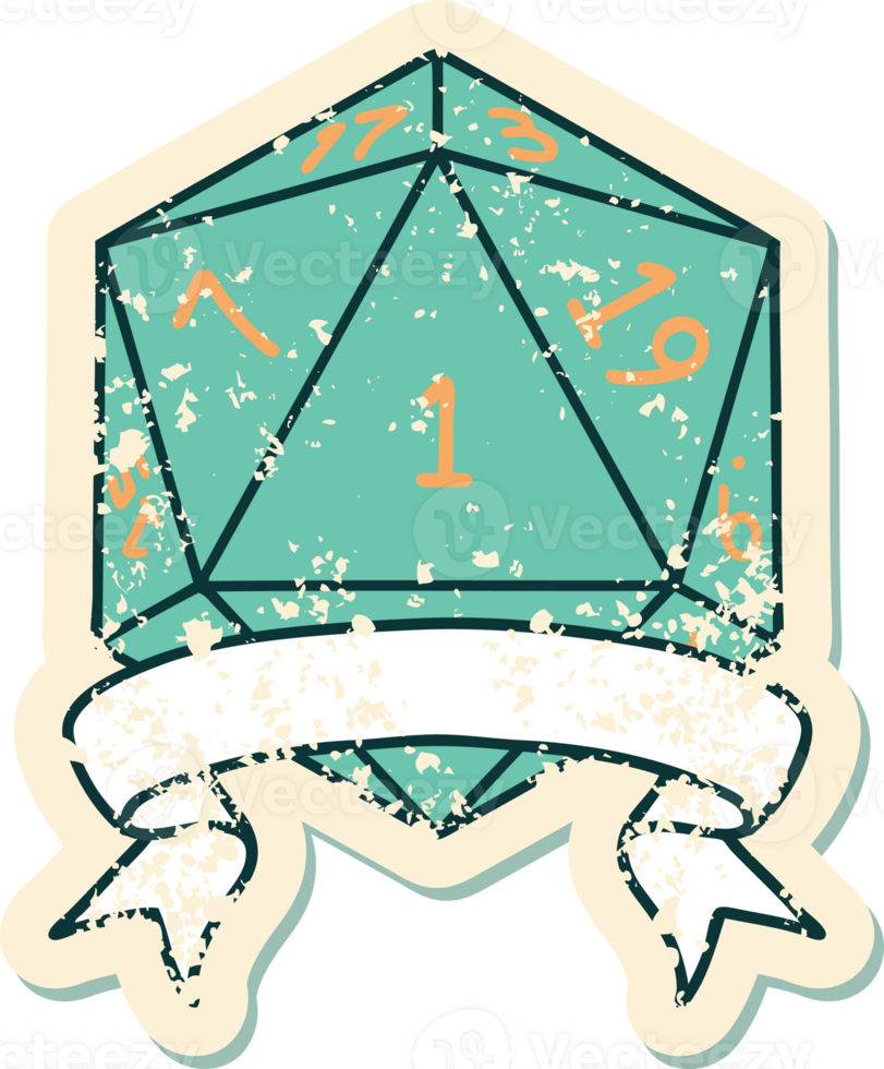Retro Tattoo Style natural one d20 dice roll png
