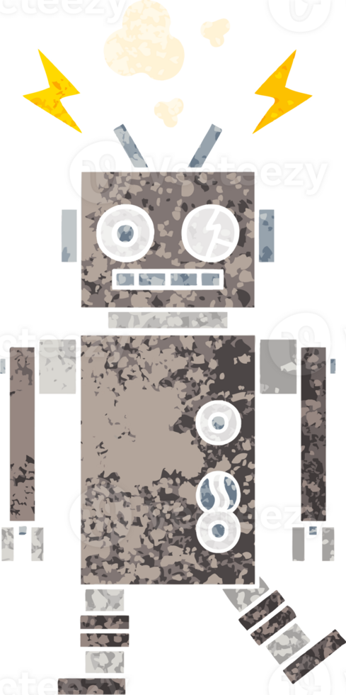 retro illustration style cartoon of a malfunctioning robot png