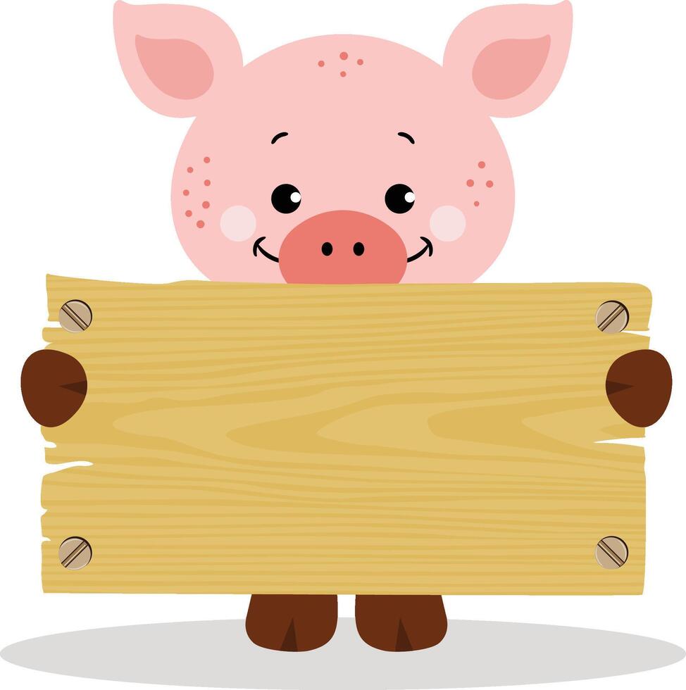 Cute pig with wooden signboard vector