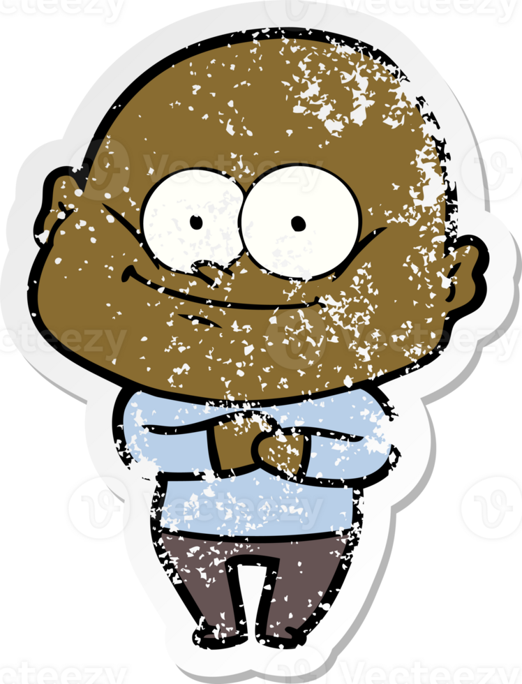 distressed sticker of a cartoon bald man staring png