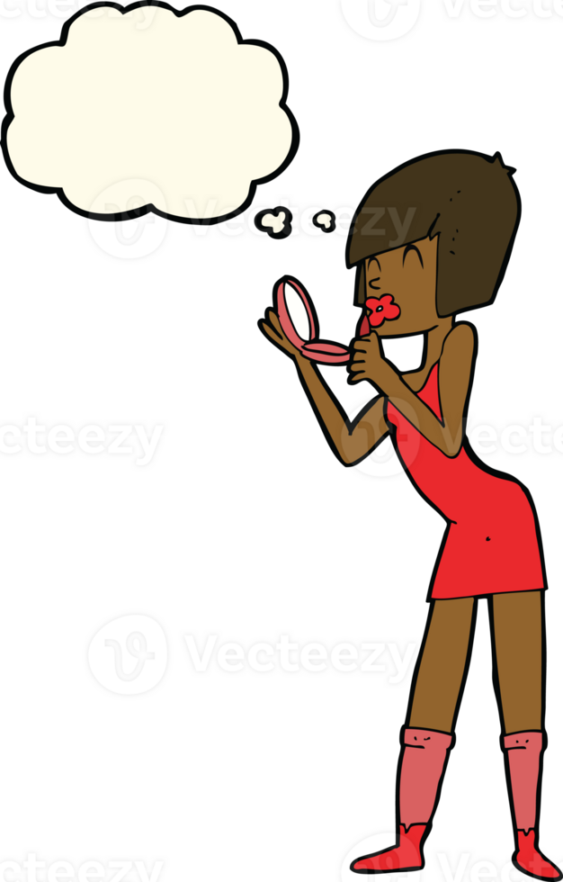cartoon woman applying lipstick with thought bubble png