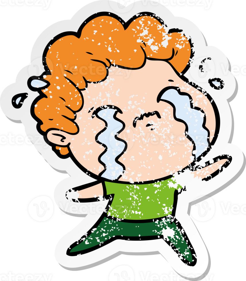 distressed sticker of a cartoon man crying png