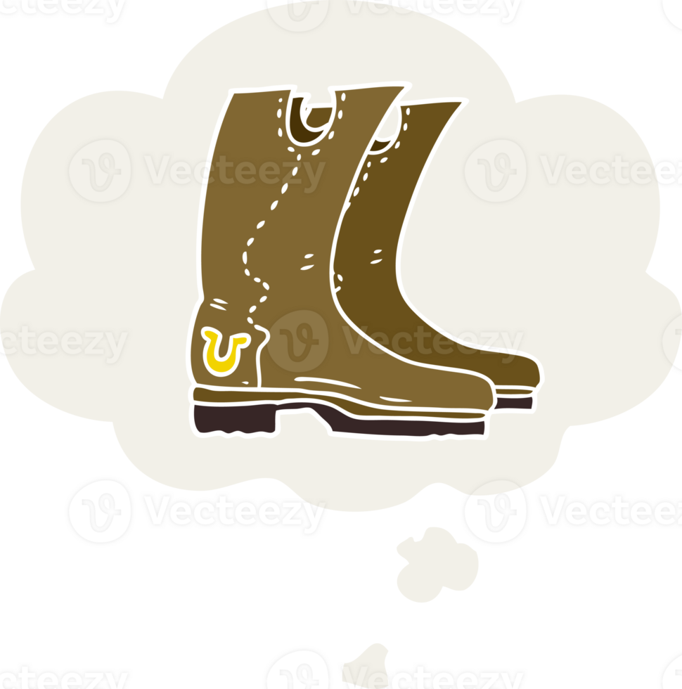 cartoon cowboy boots with thought bubble in retro style png