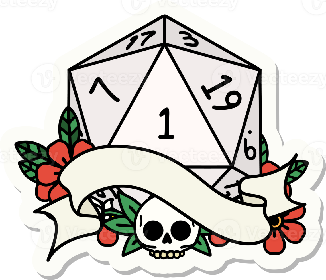sticker of a natural one d20 dice roll png