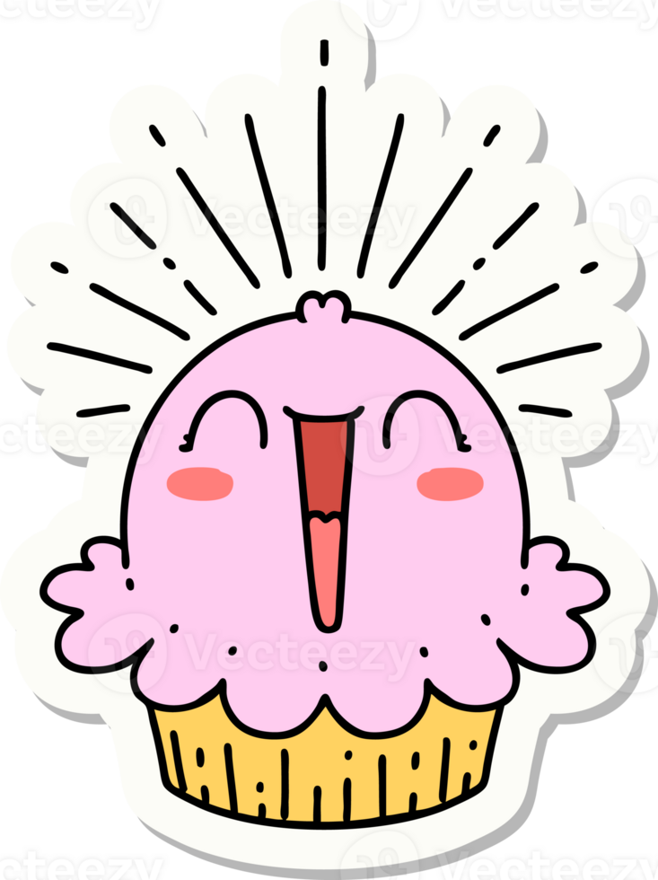 sticker of a tattoo style happy singing cupcake png