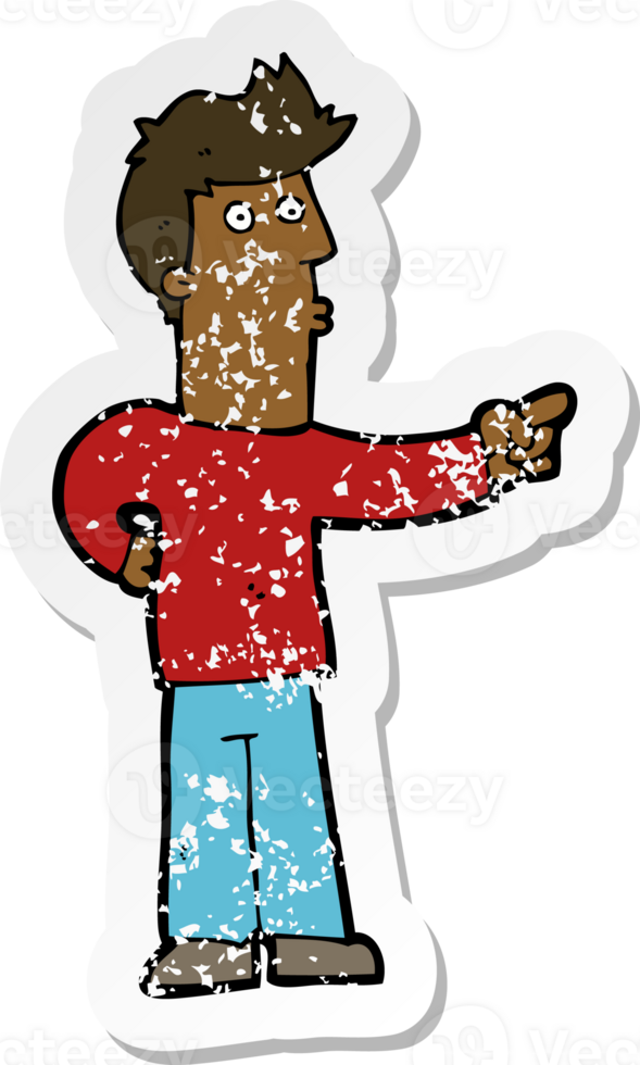 retro distressed sticker of a cartoon curious man pointing png
