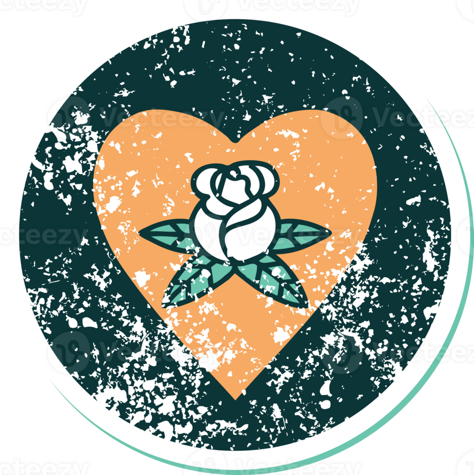 iconic distressed sticker tattoo style image of a heart and flowers png