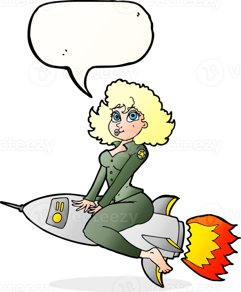 cartoon army pin up girl riding missile with speech bubble png