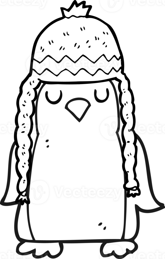 drawn black and white cartoon robin wearing winter hat png