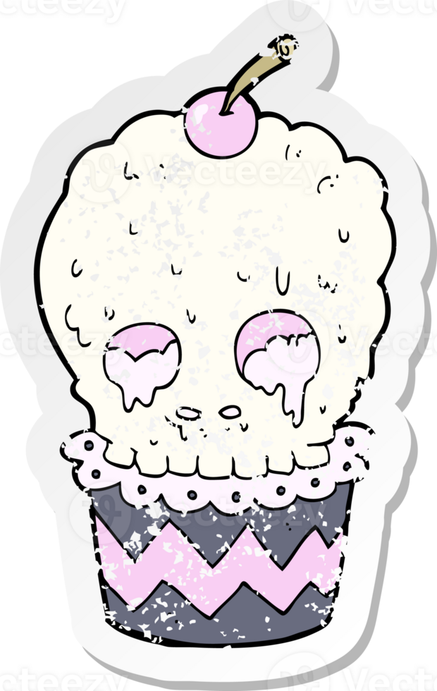 retro distressed sticker of a spooky skull cupcake cartoon png