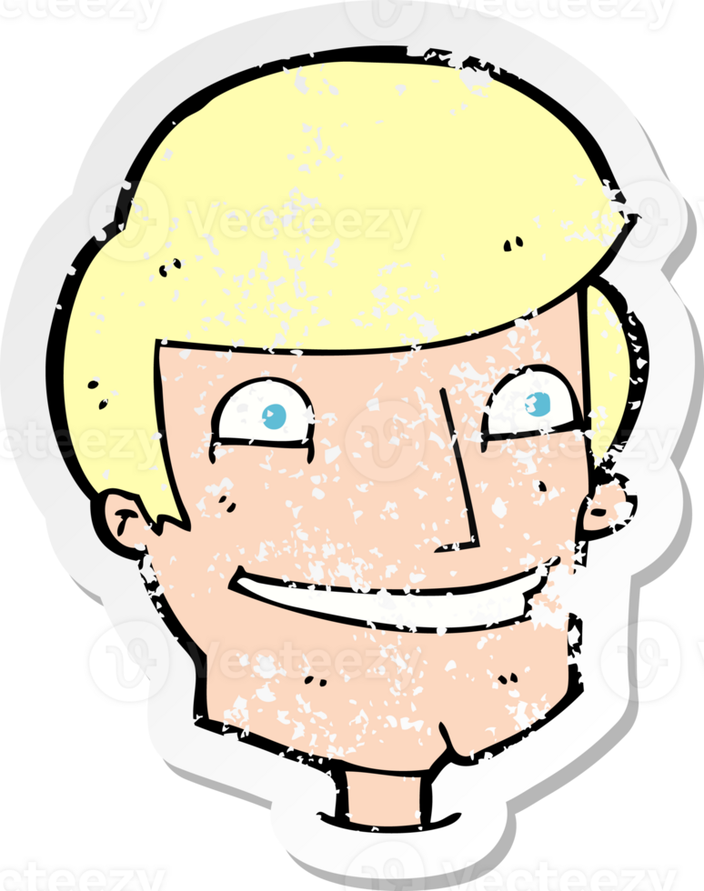 retro distressed sticker of a cartoon grinning man png