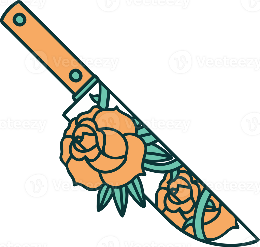 iconic tattoo style image of a dagger and flowers png
