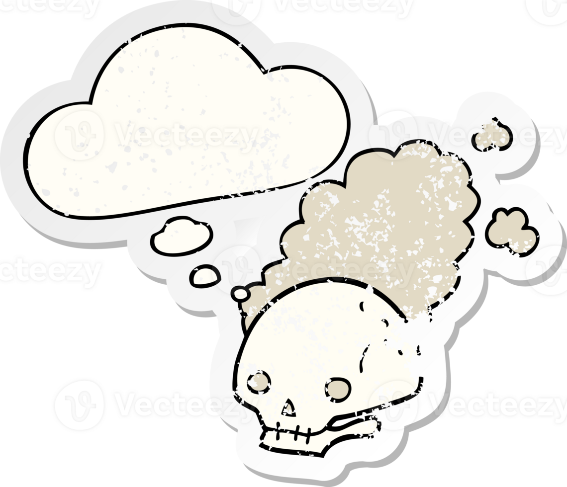 cartoon dusty old skull with thought bubble as a distressed worn sticker png