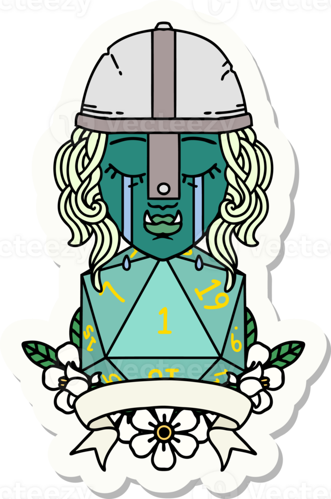 sticker of a crying orc fighter character with natural one D20 roll png