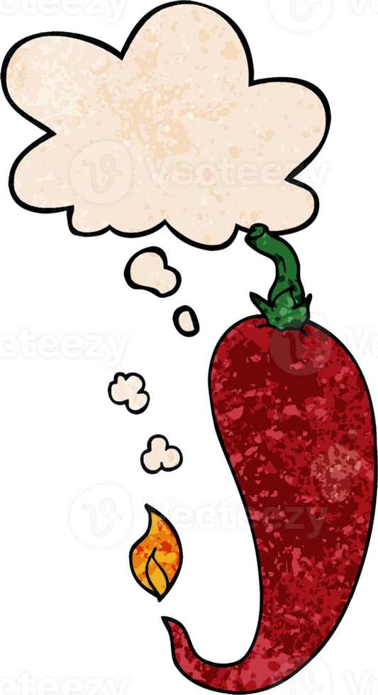cartoon chili pepper with thought bubble in grunge texture style png