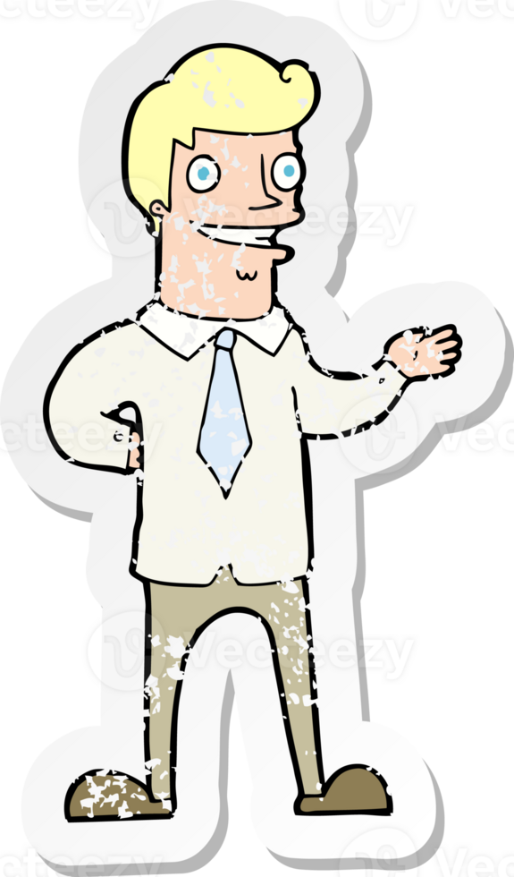 retro distressed sticker of a cartoon salesman png