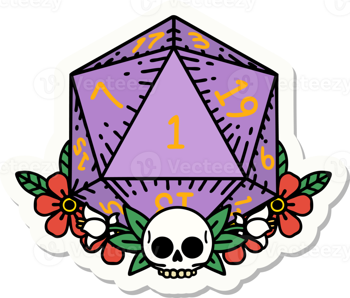 sticker of a natural one dice roll with floral elements png