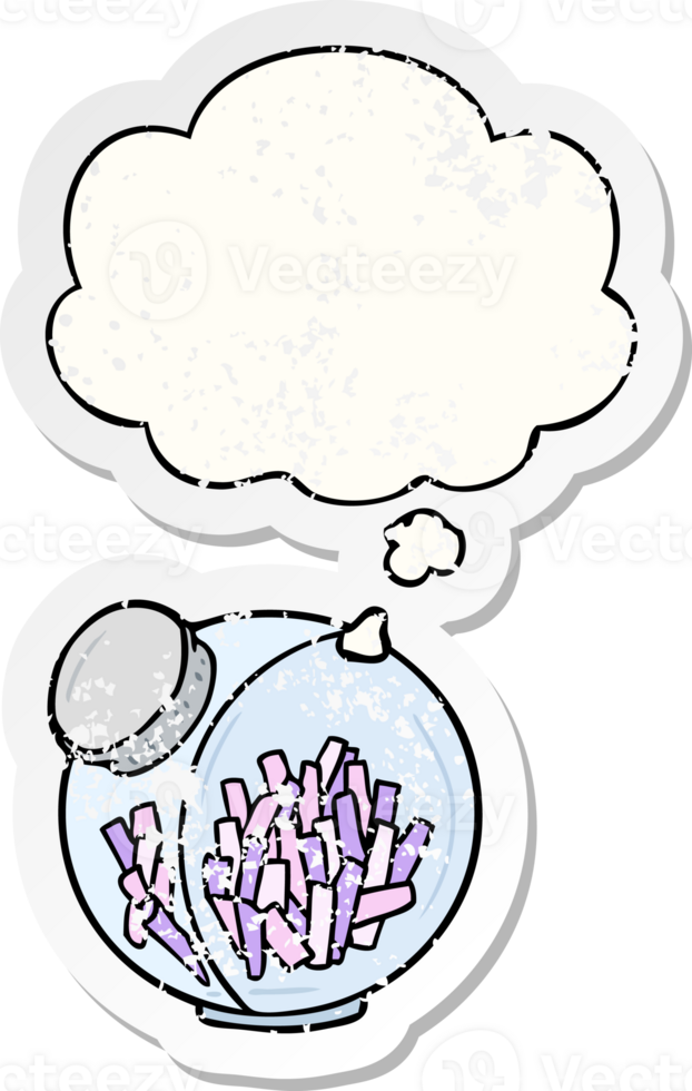cartoon candy in jar with thought bubble as a distressed worn sticker png