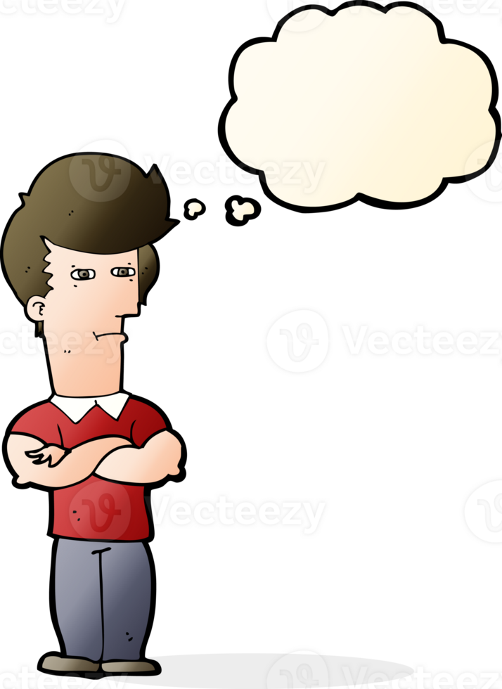 cartoon man with folded arms with thought bubble png