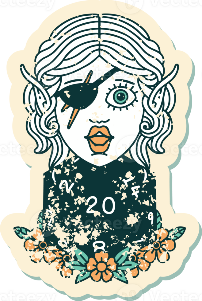 Retro Tattoo Style elf rogue character with natural twenty dice roll png
