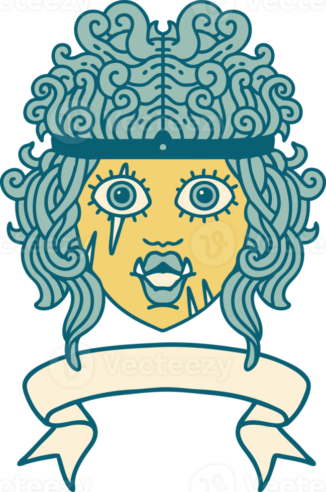 Retro Tattoo Style orc barbarian character face with banner png