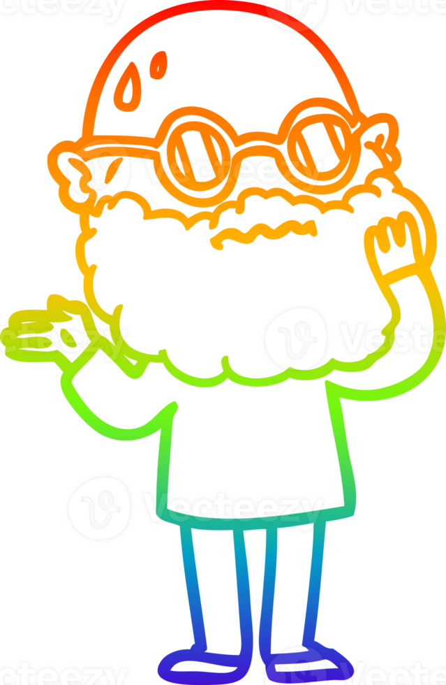 rainbow gradient line drawing of a cartoon worried man with beard and sunglasses png