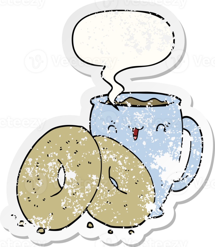 cartoon coffee and donuts with speech bubble distressed distressed old sticker png