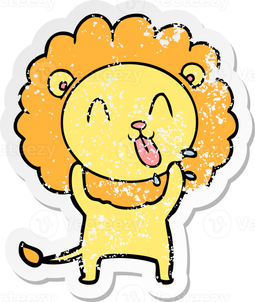 distressed sticker of a happy cartoon lion png