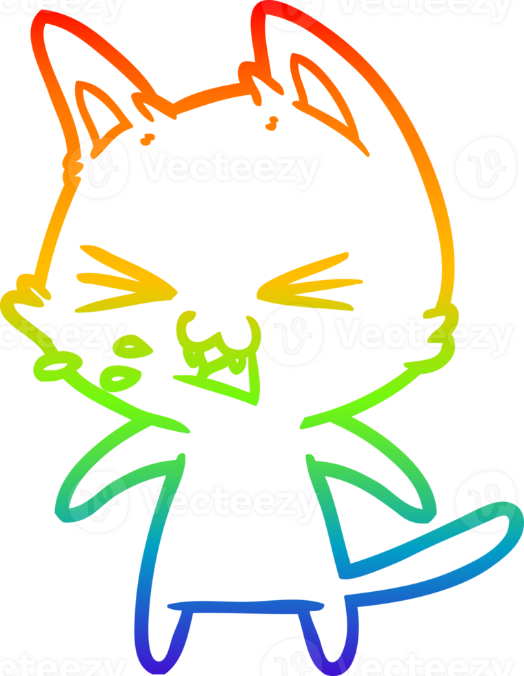 rainbow gradient line drawing of a cartoon cat hissing png