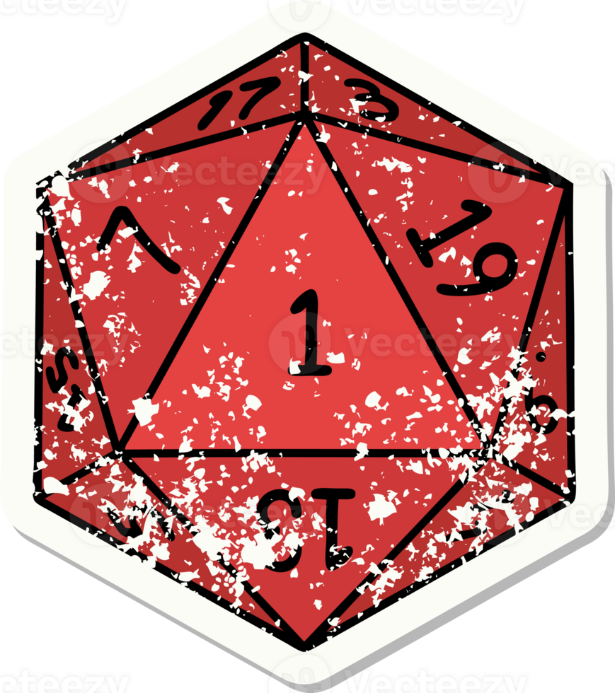 grunge sticker of a natural 1 D20 dice roll png