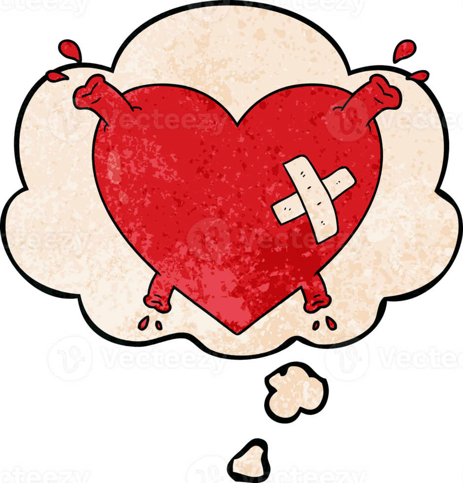 cartoon heart squirting blood with thought bubble in grunge texture style png
