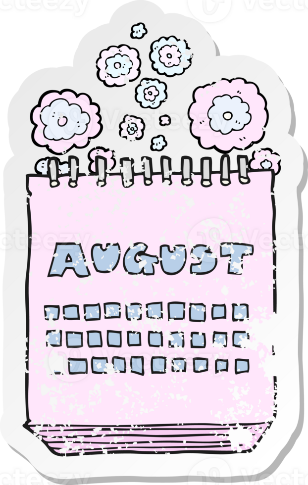 retro distressed sticker of a cartoon calendar showing month of august png