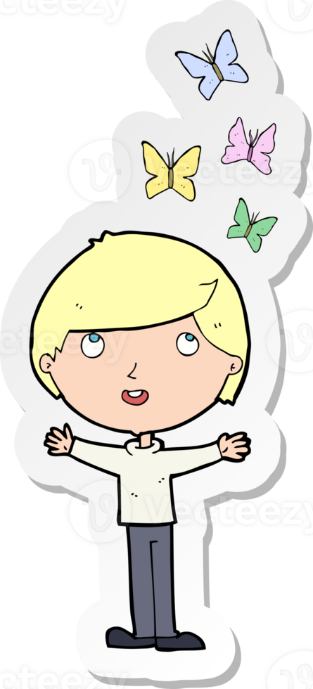 sticker of a cartoon man and butterflies png
