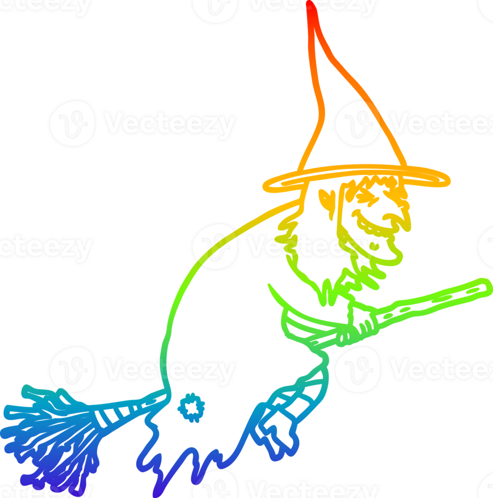 rainbow gradient line drawing of a cartoon witch on broom png