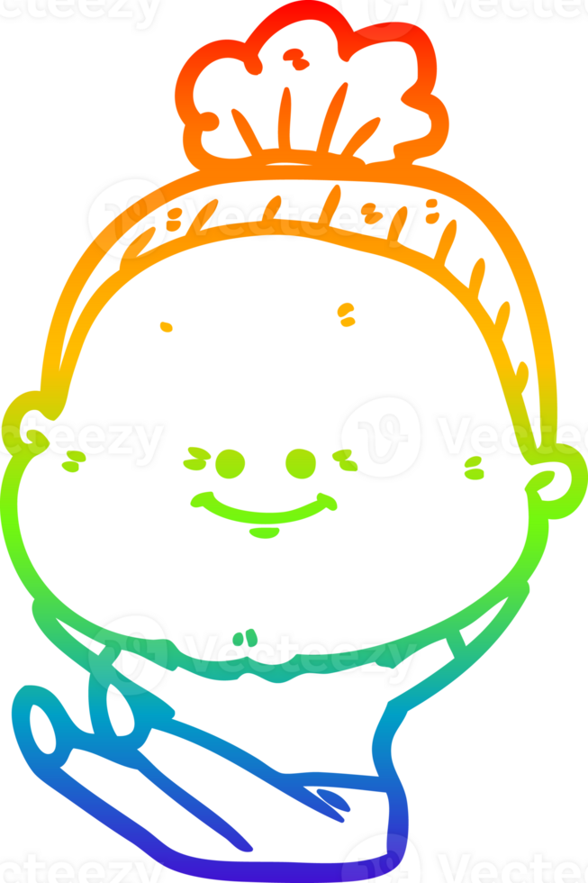 rainbow gradient line drawing of a cartoon happy old woman png