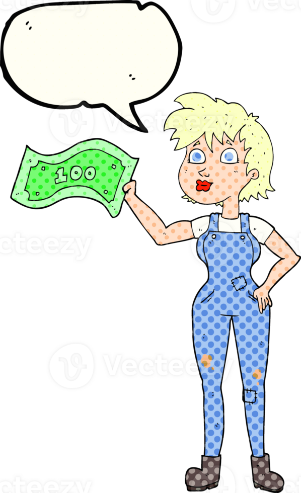 drawn comic book speech bubble cartoon confident farmer woman with money png