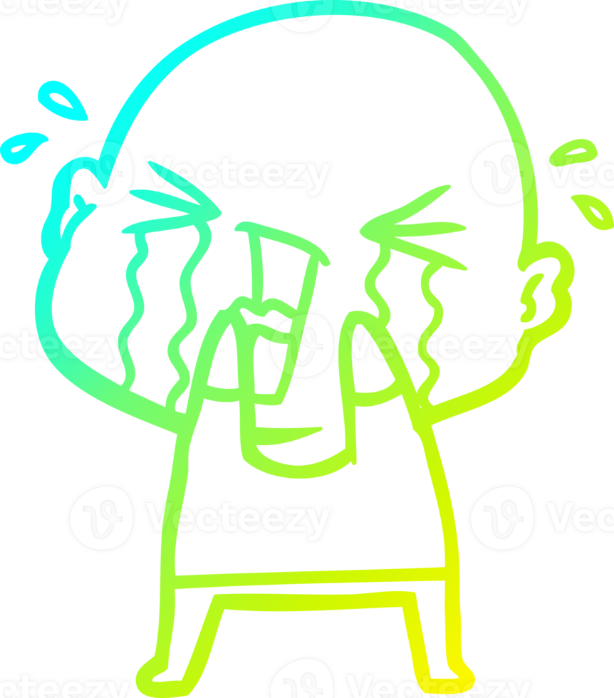cold gradient line drawing of a cartoon crying bald man png