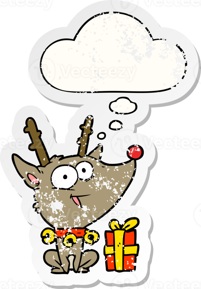 cartoon christmas reindeer with thought bubble as a distressed worn sticker png