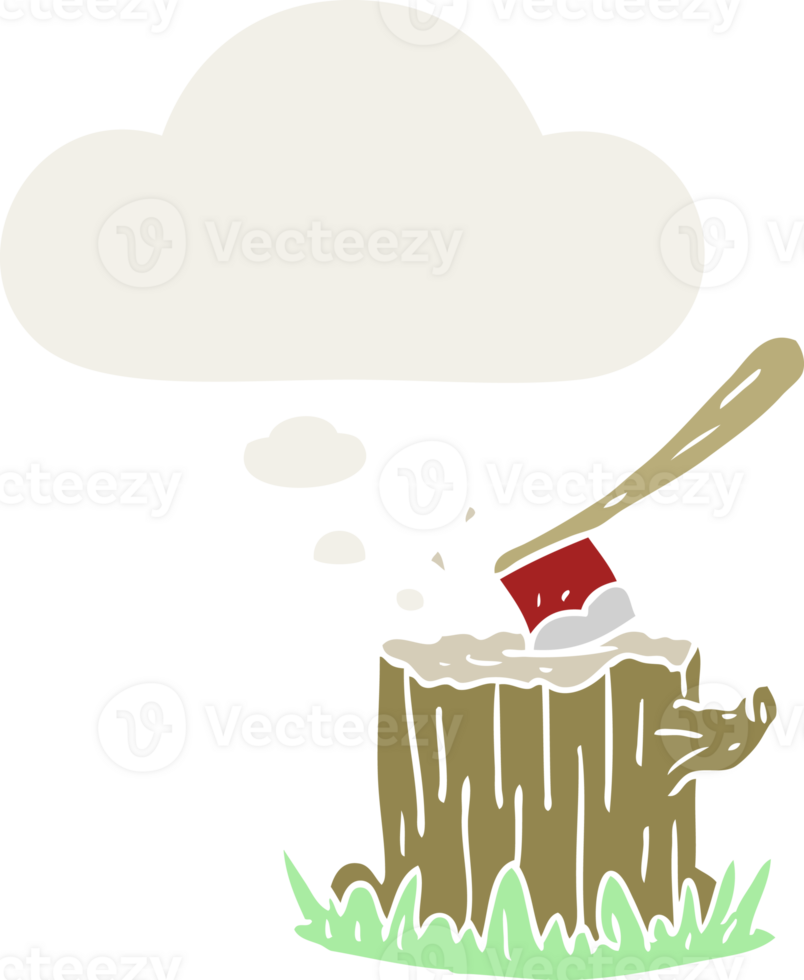 cartoon axe in tree stump with thought bubble in retro style png